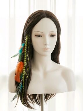 Feather Hair Extension Clip-In Accessory - Brown with Orange & Green Feathers